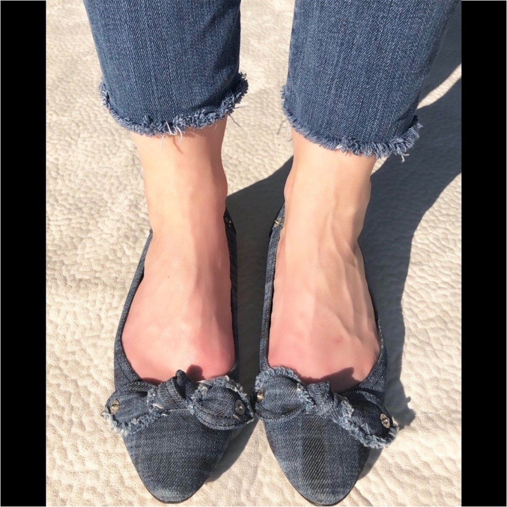 Miu Miu Blue Denim Bow Ballet Flats Round Toe Studs Leather Designer 35.5 Us 5.5